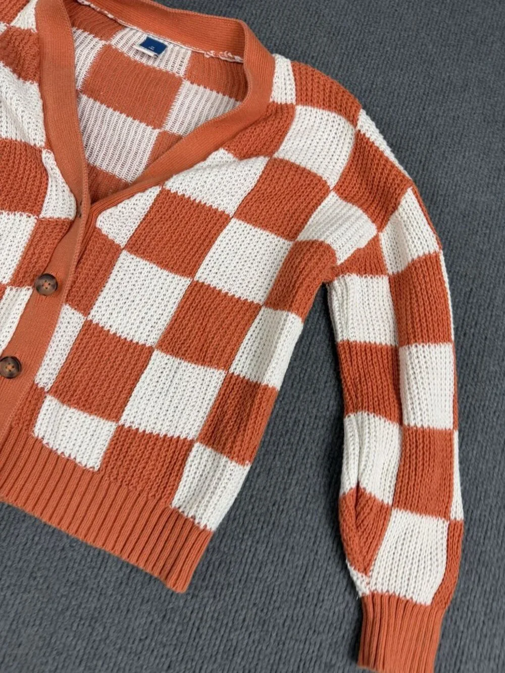 Old Navy Kids Orange & White Checkered Knit Button-Up Cardigan Size M (8)
